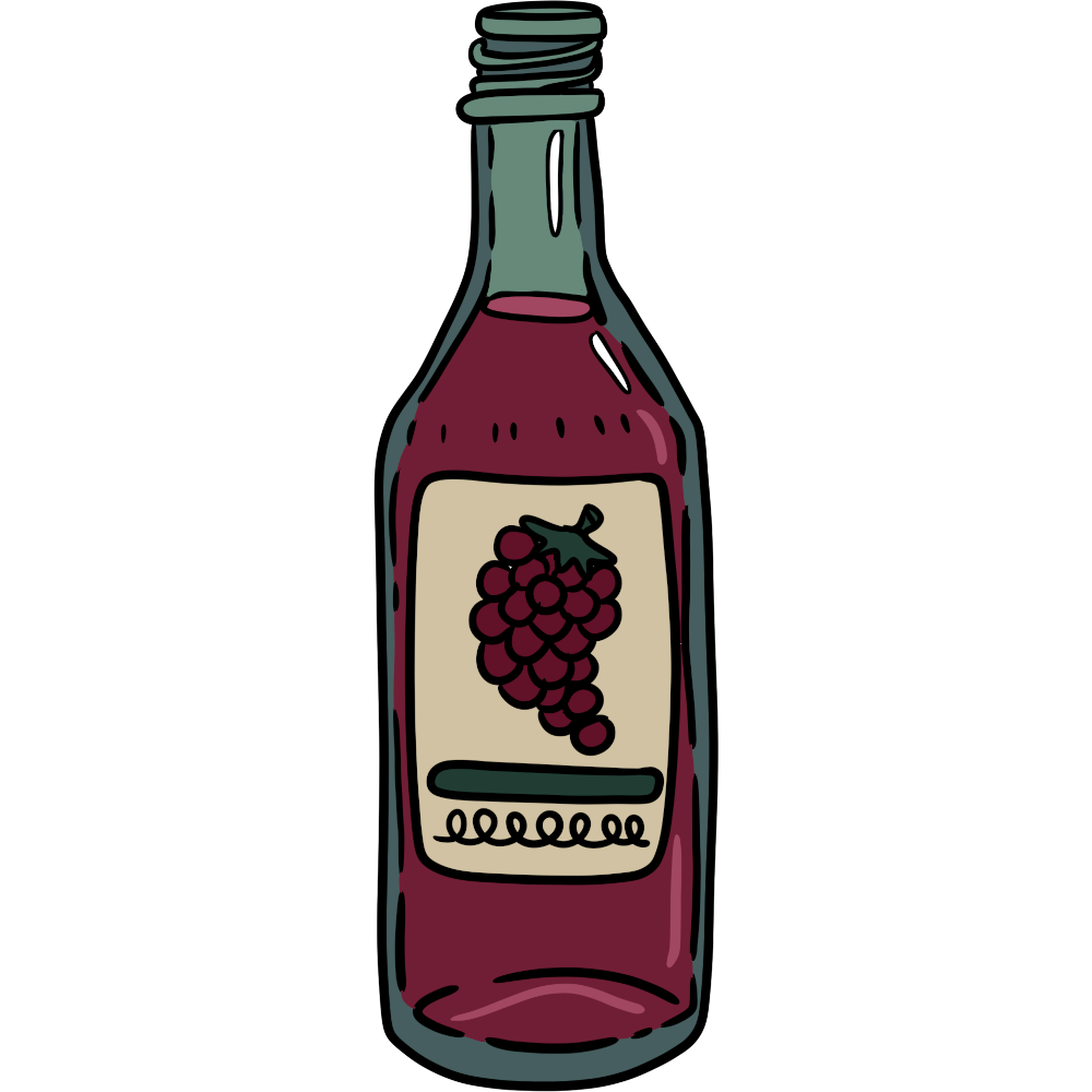  an open green glass screw-cap bottle filled with red wine. The sand colored label has a bunch of purple grapes, a green rounded rectangle, and a loopy line meant to look like writing on it. 